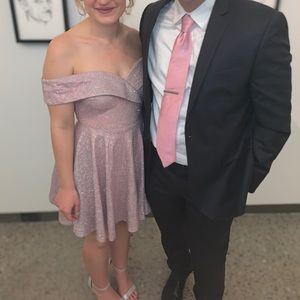 Shimmery pink off the shoulder dress 💖